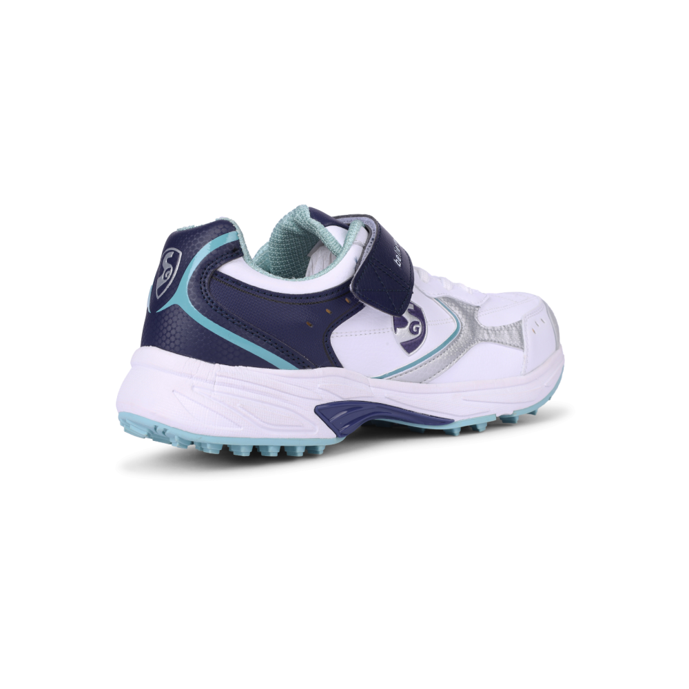 SG ARMOUR STUD Cricket Shoes in White/Navy/Teal â€“ Your Ultimate Cricket Companion